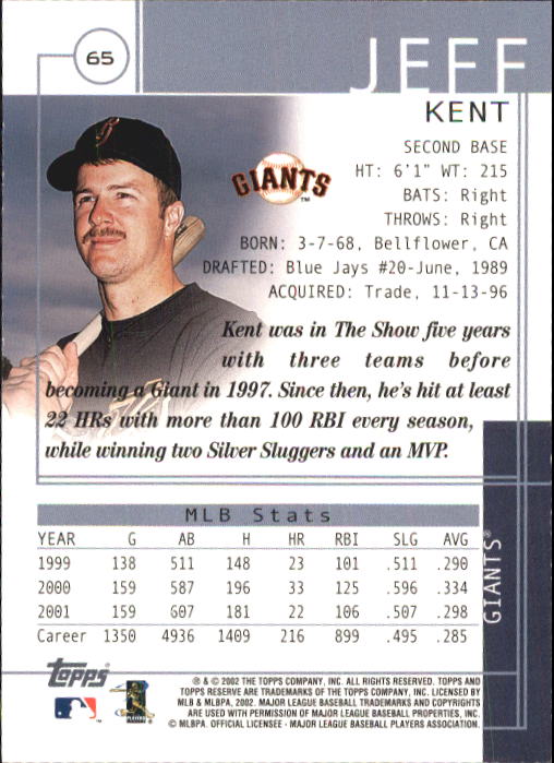 2002 Topps Reserve #65 Jeff Kent back image