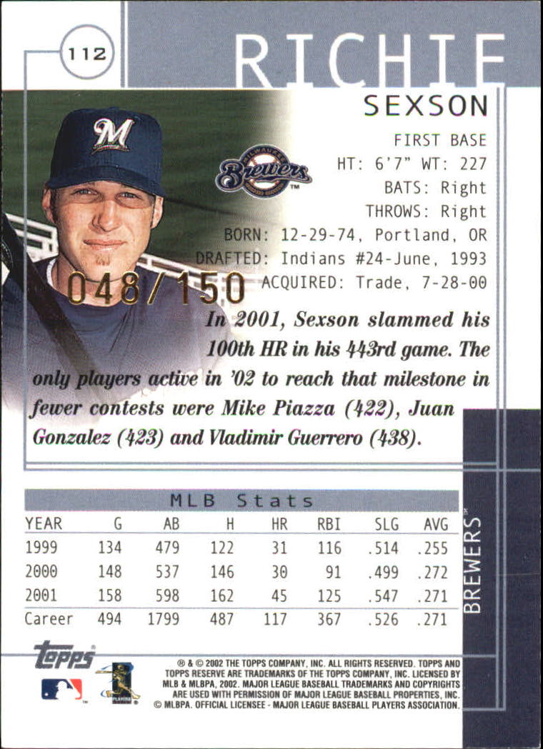 2002 Topps Reserve Parallel #112 Richie Sexson back image