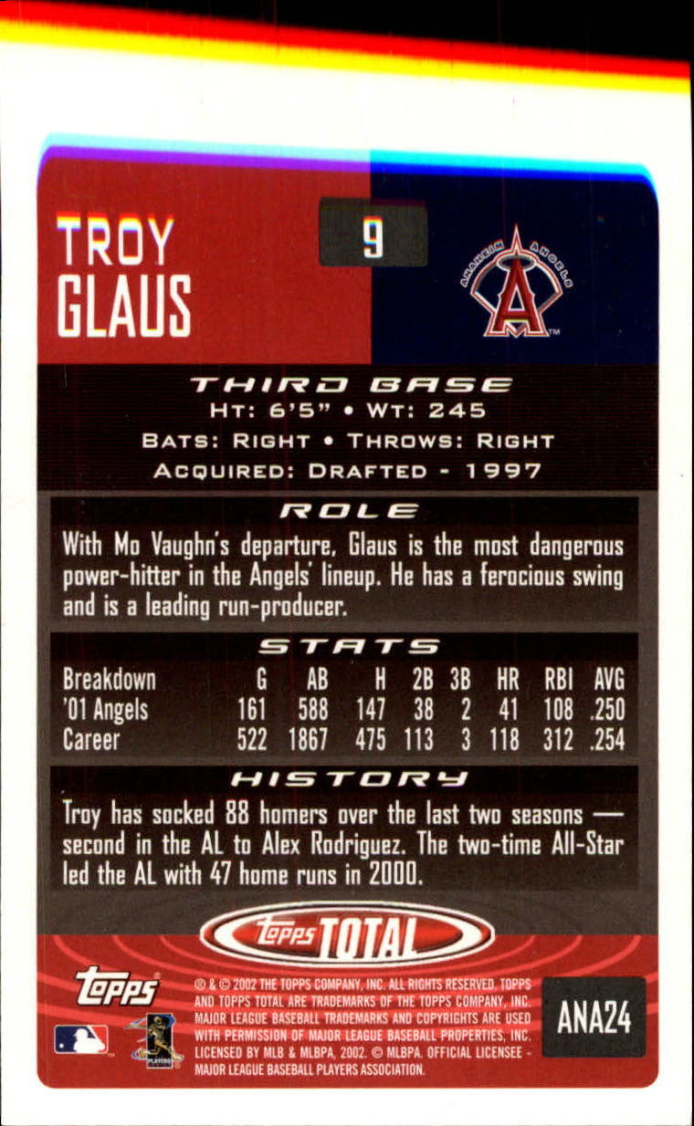 2002 Topps Total #9 Troy Glaus back image