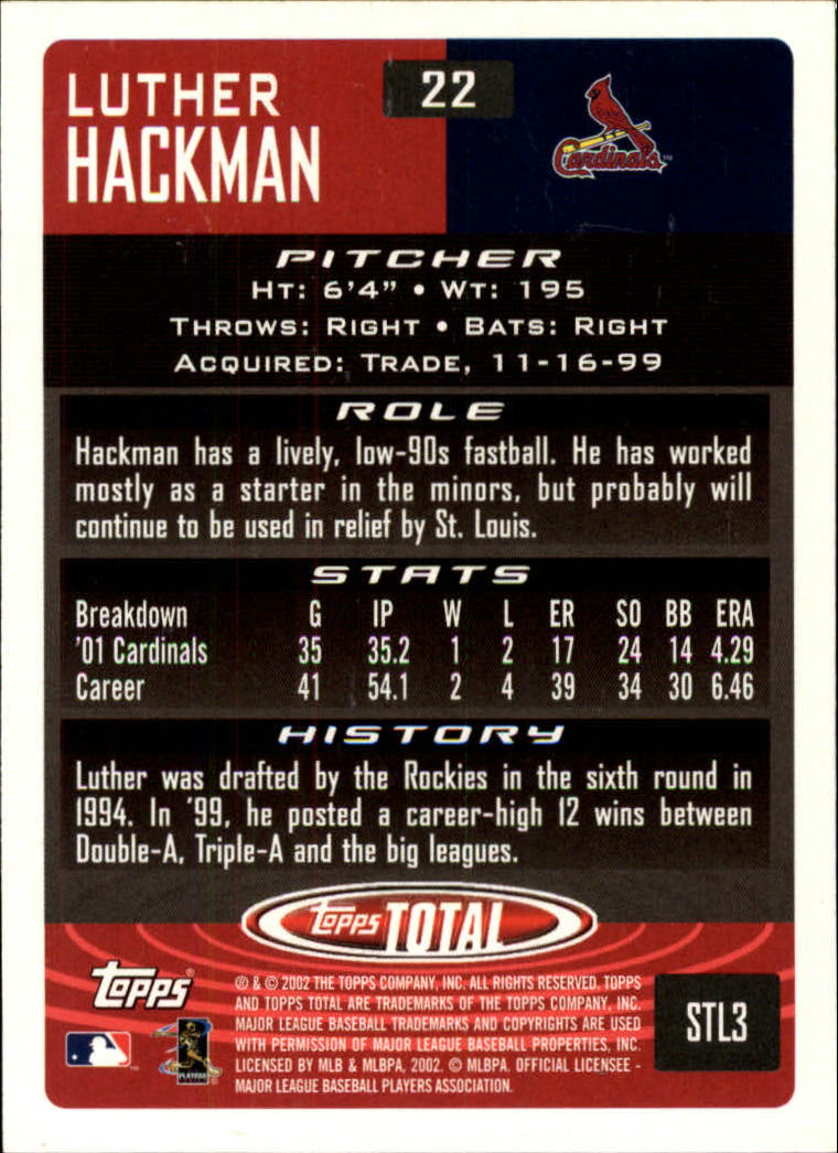 2002 Topps Total #22 Luther Hackman back image