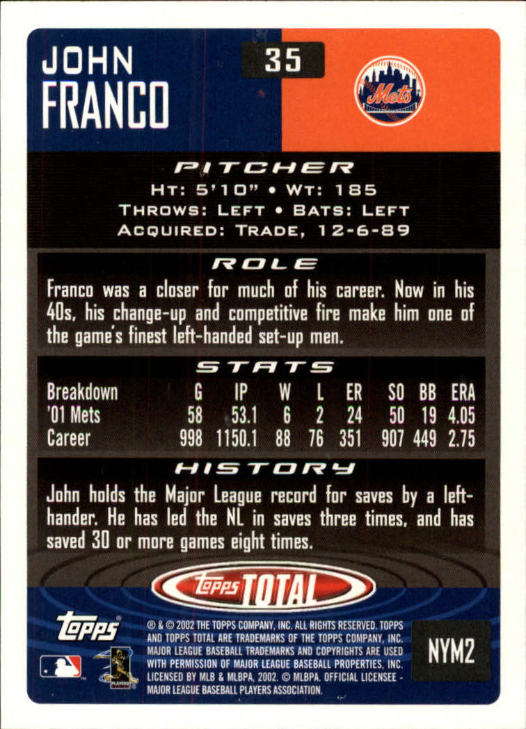 2002 Topps Total #35 John Franco back image