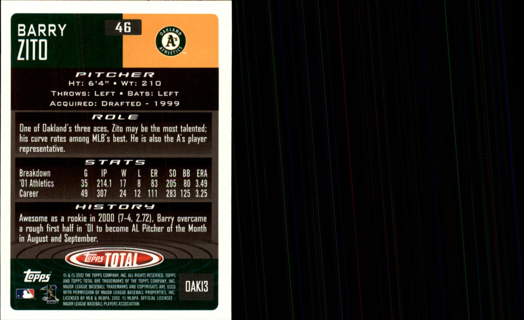 2002 Topps Total #46 Barry Zito back image