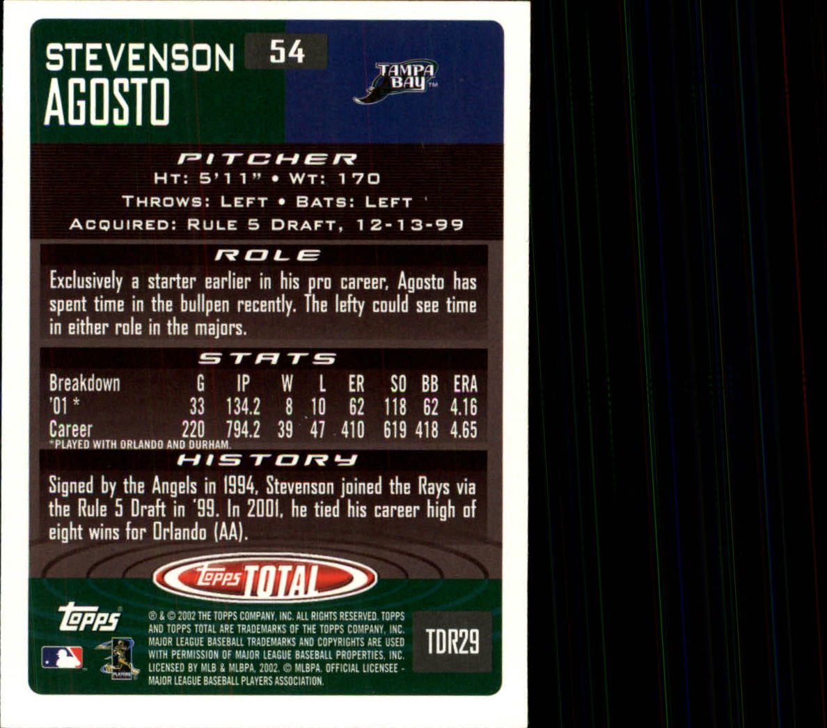 2002 Topps Total #54 Stevenson Agosto RC back image