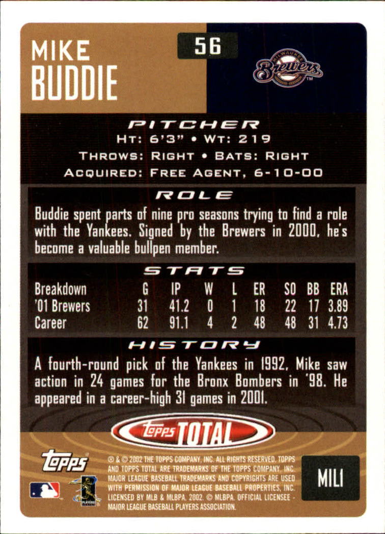 2002 Topps Total #56 Mike Buddie back image