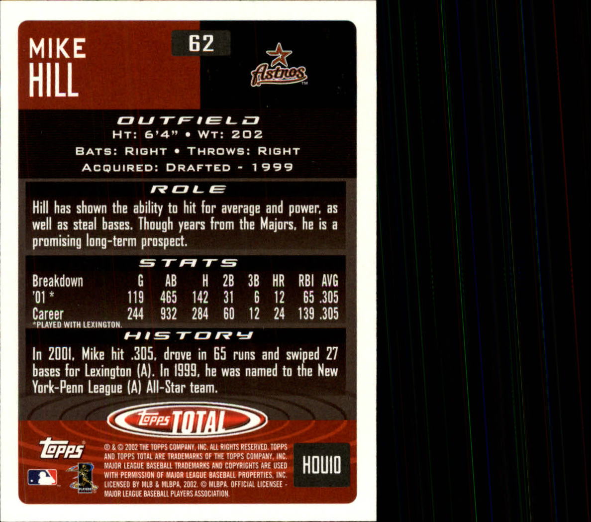 2002 Topps Total #62 Mike Hill RC back image