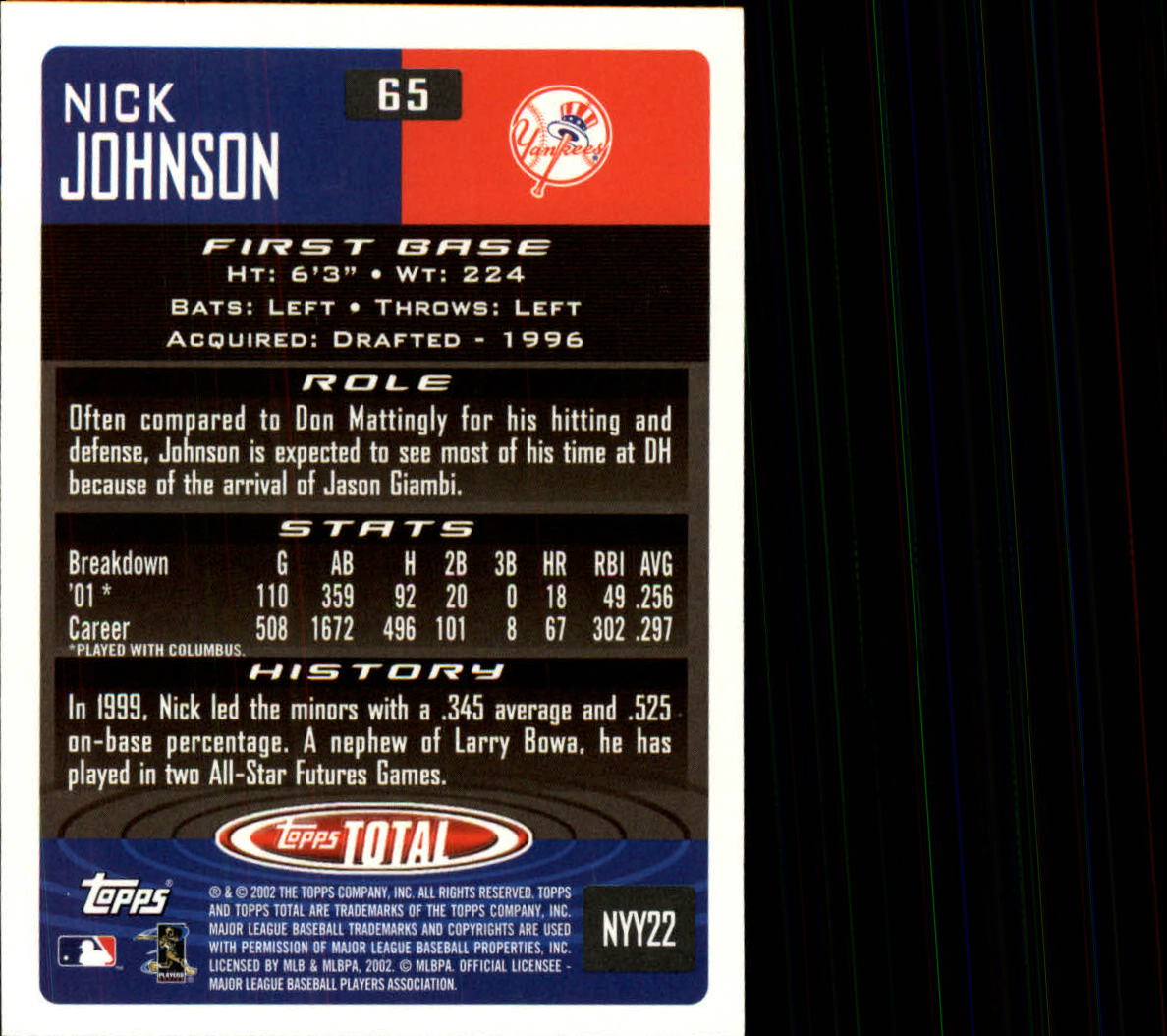 2002 Topps Total #65 Nick Johnson back image