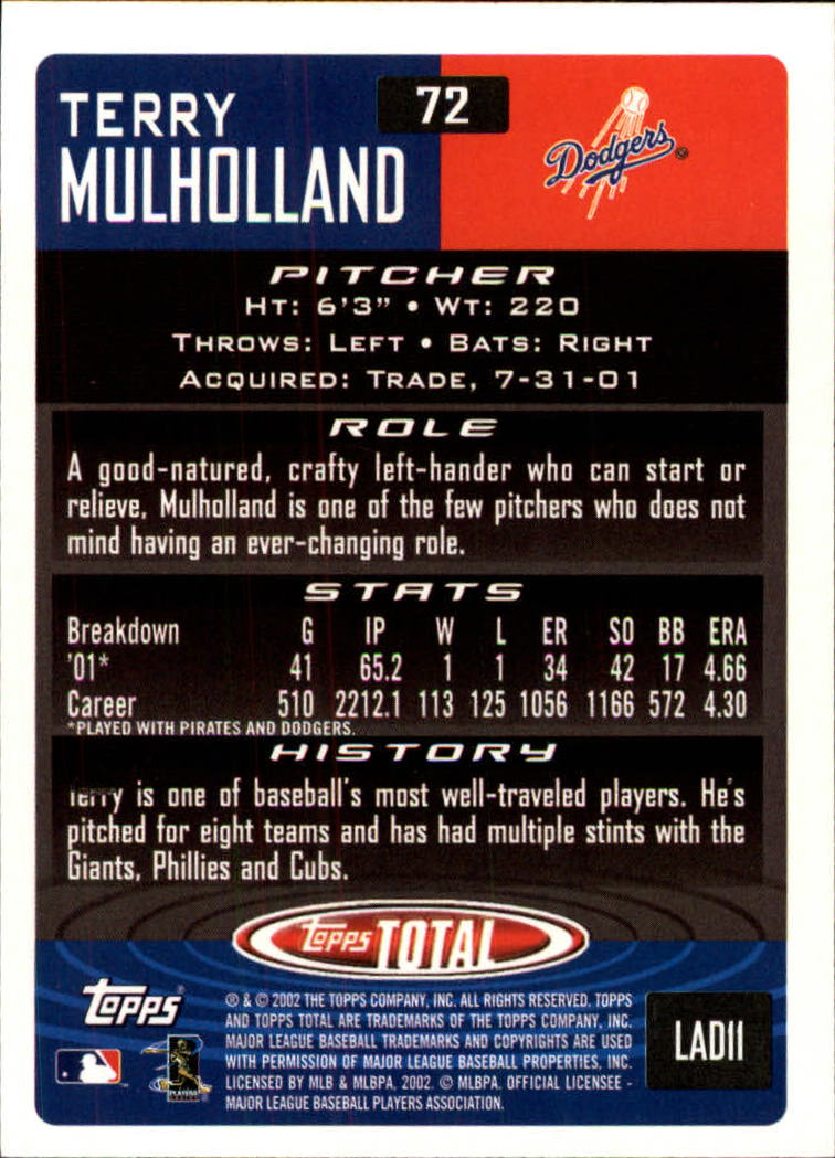 2002 Topps Total #72 Terry Mulholland back image