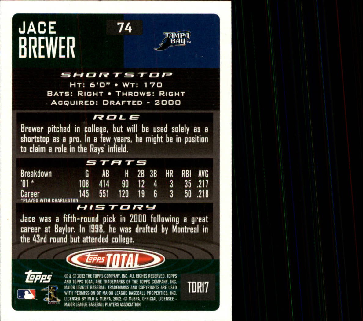 2002 Topps Total #74 Jace Brewer back image