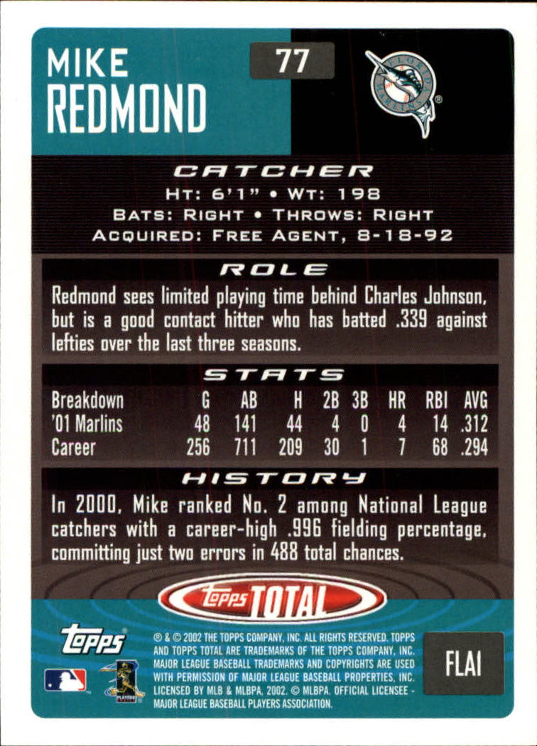 2002 Topps Total #77 Mike Redmond back image