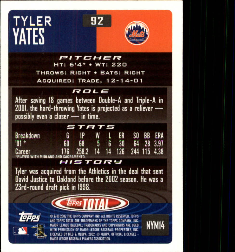 2002 Topps Total #92 Tyler Yates RC back image