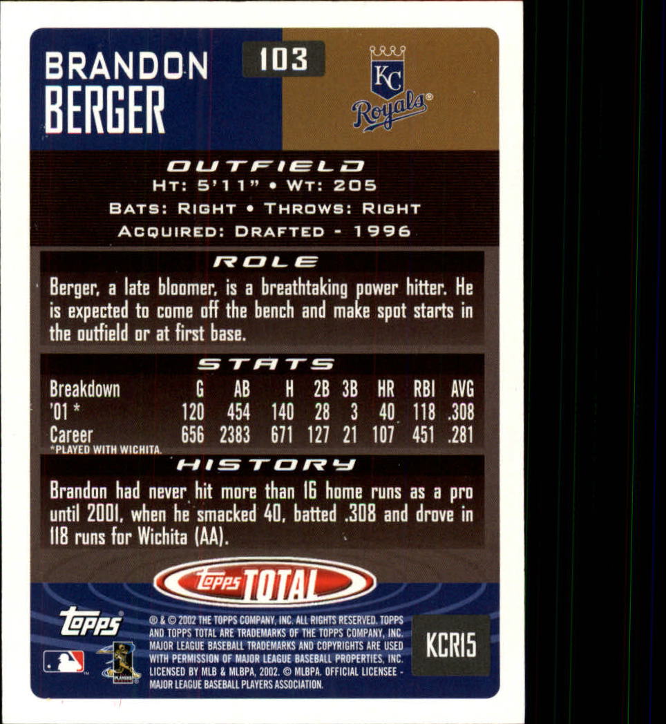 2002 Topps Total #103 Brandon Berger back image
