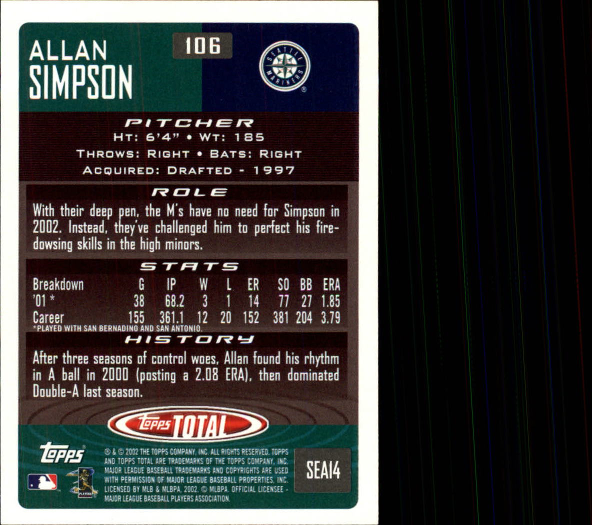 2002 Topps Total #106 Allan Simpson RC back image