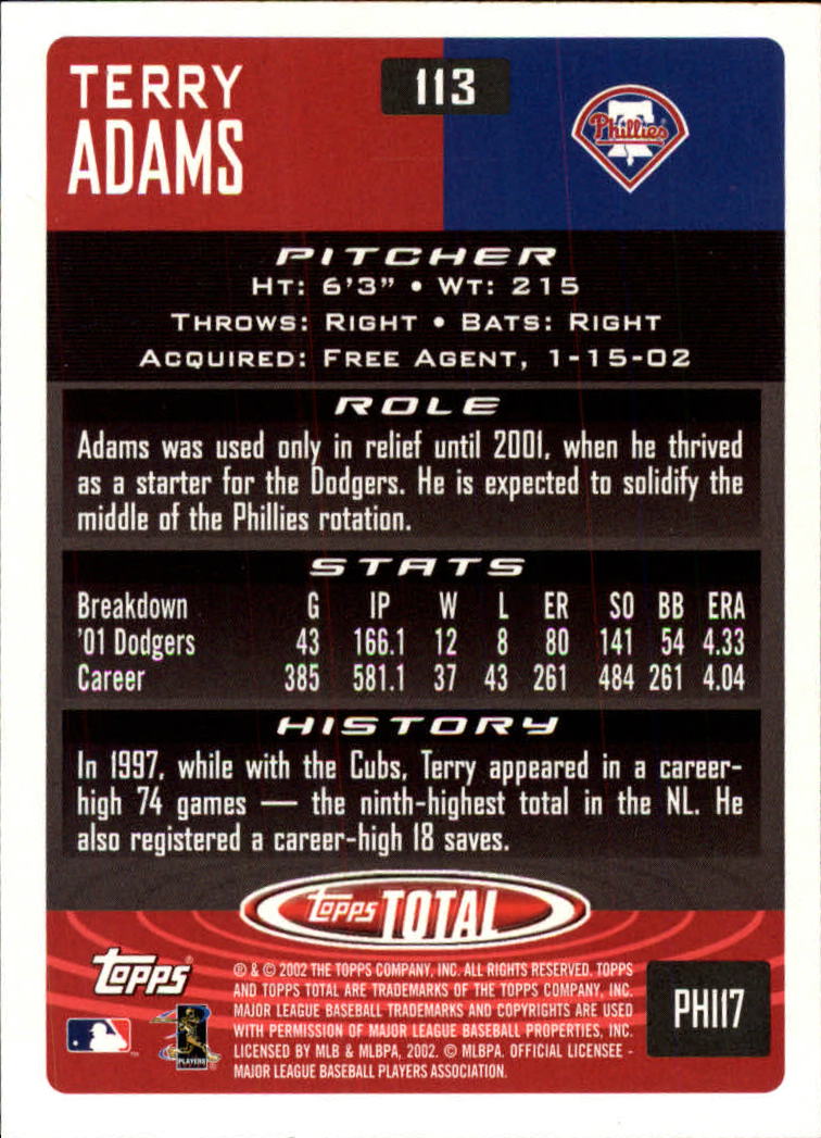 2002 Topps Total #113 Terry Adams back image