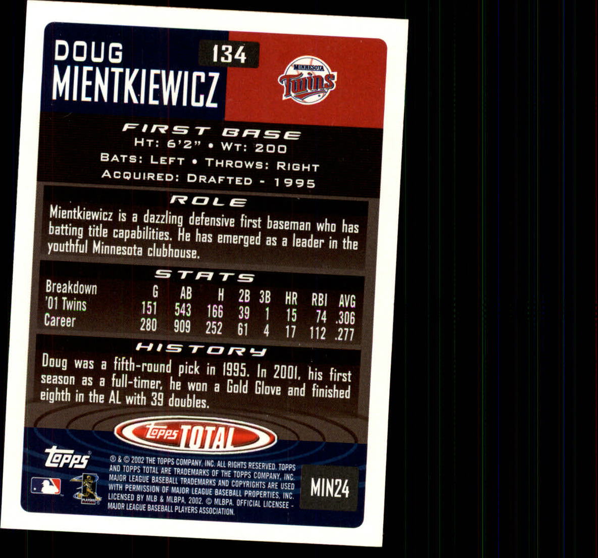 2002 Topps Total #134 Doug Mientkiewicz back image