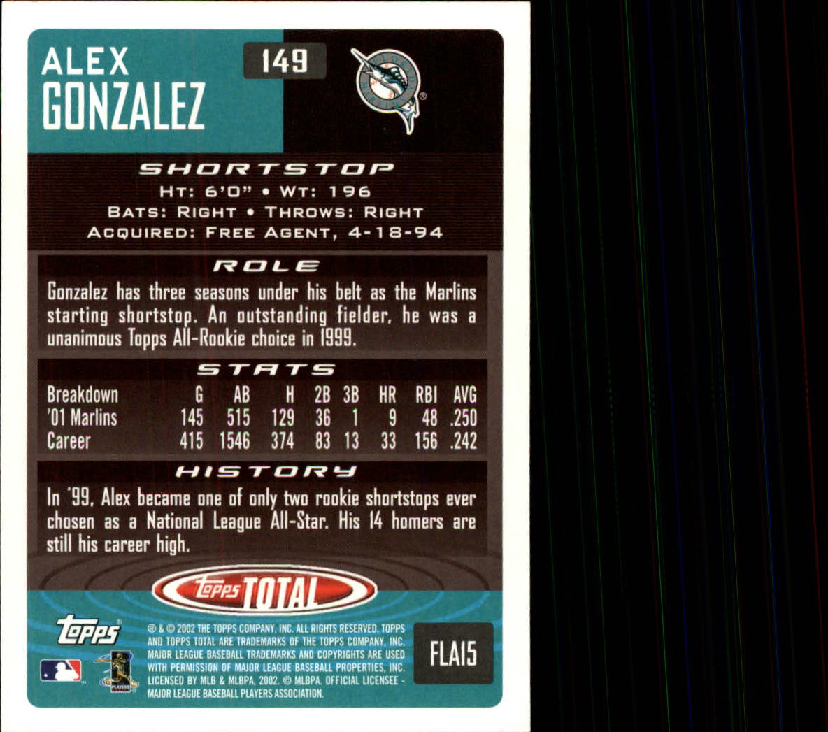 2002 Topps Total #149 Alex Gonzalez back image