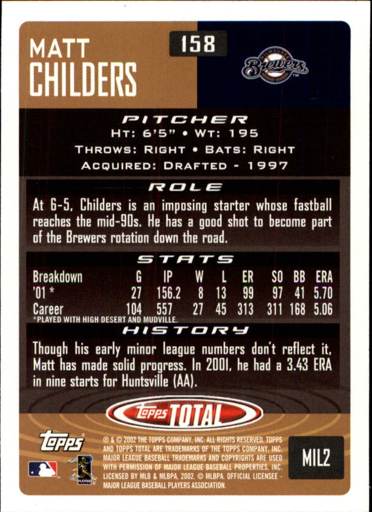 2002 Topps Total #158 Matt Childers RC back image