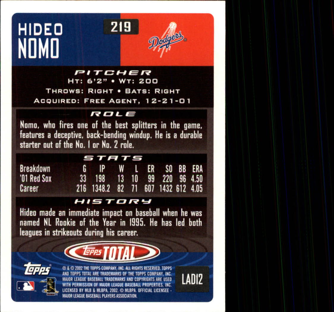 2002 Topps Total #219 Hideo Nomo back image