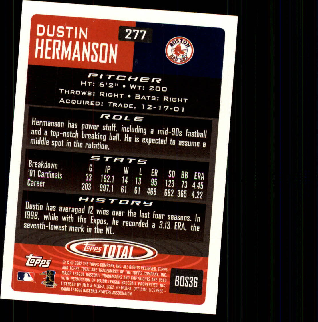 2002 Topps Total #277 Dustin Hermanson back image