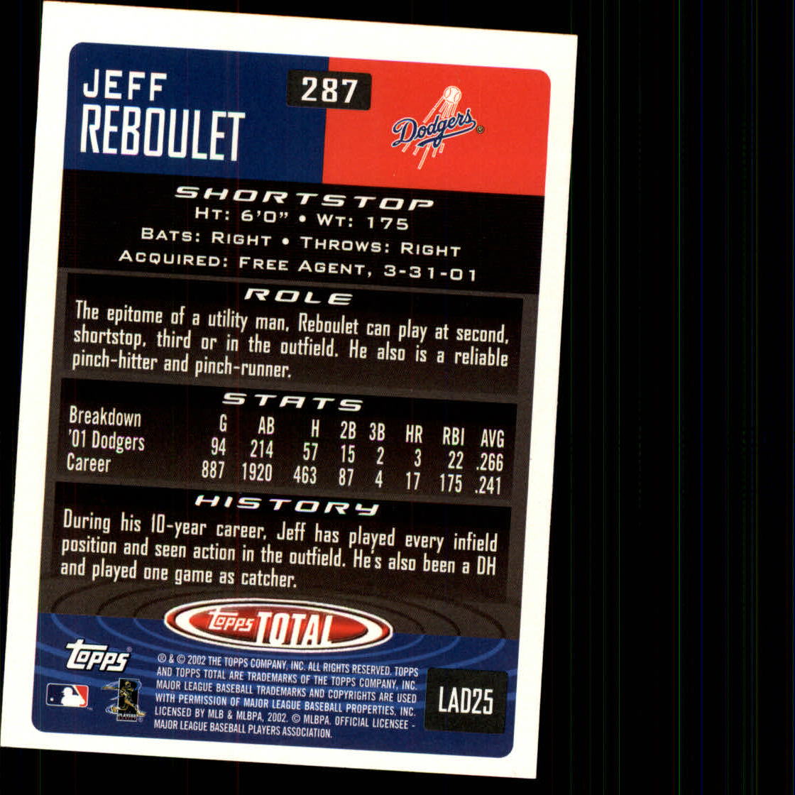 2002 Topps Total #287 Jeff Reboulet back image