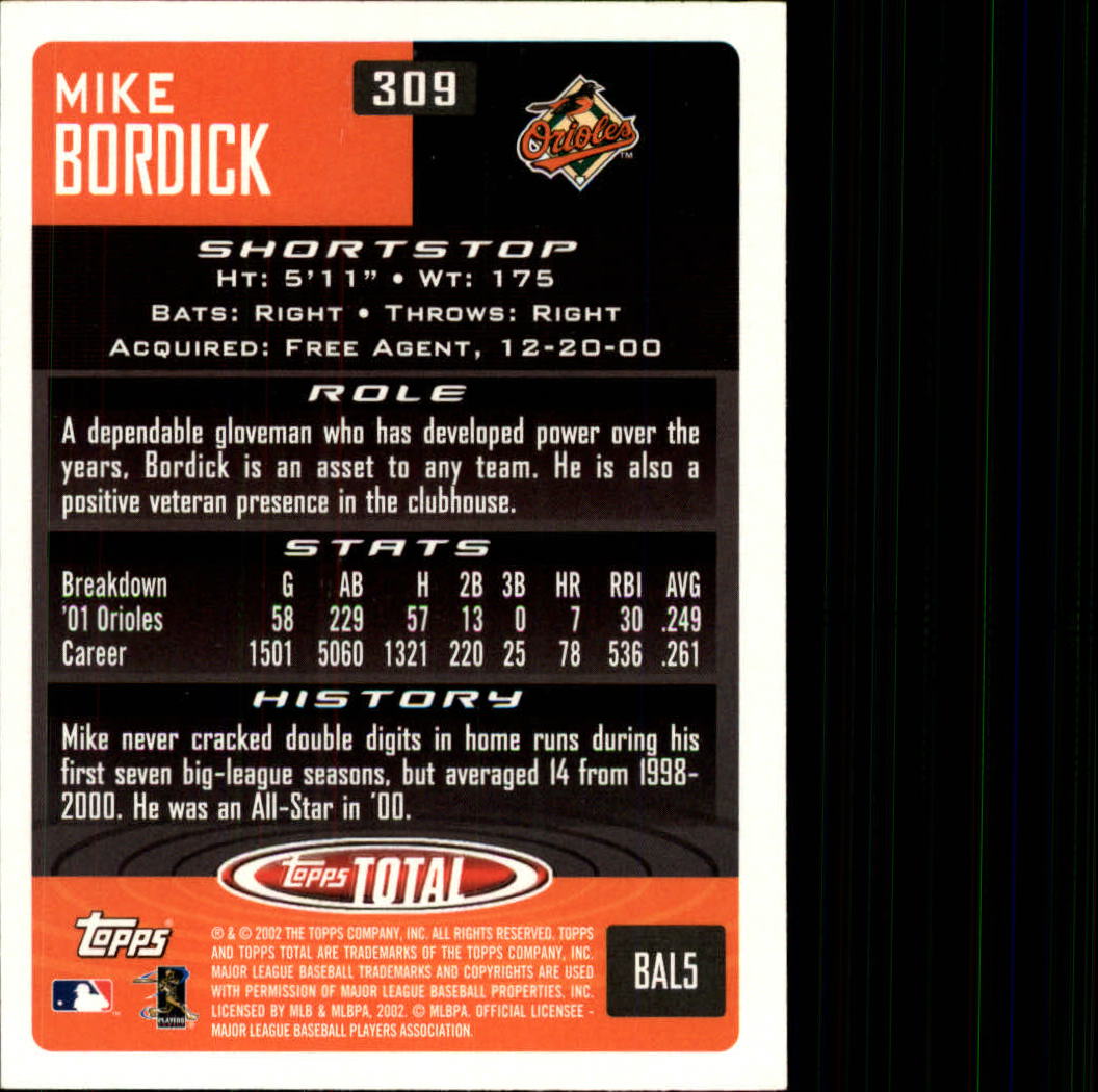 2002 Topps Total #309 Mike Bordick back image