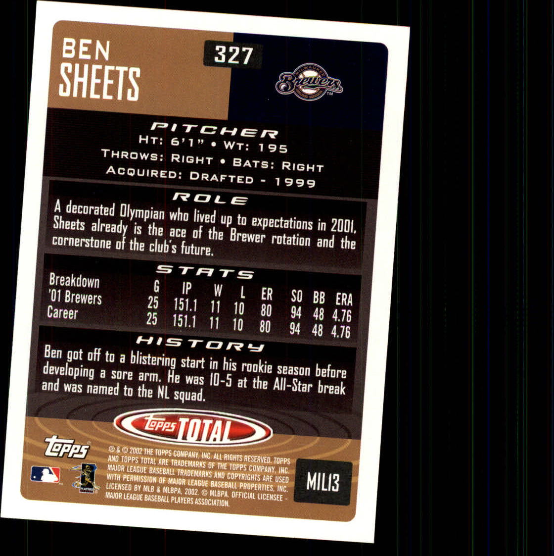 2002 Topps Total #327 Ben Sheets back image