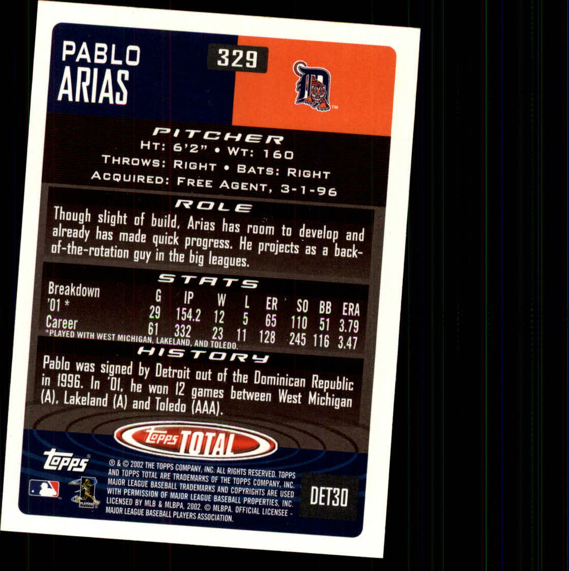 2002 Topps Total #329 Pablo Arias RC back image