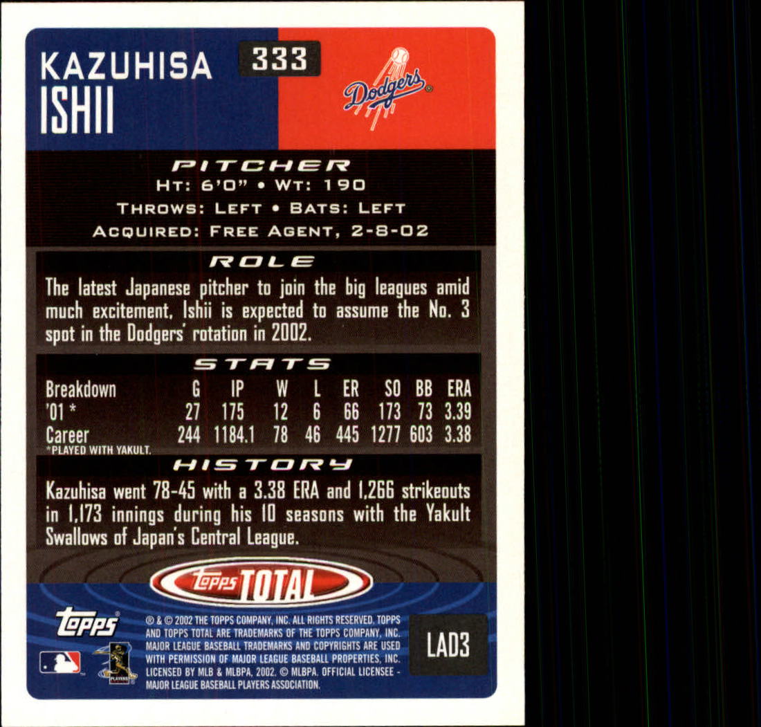 2002 Topps Total #333 Kazuhisa Ishii RC back image