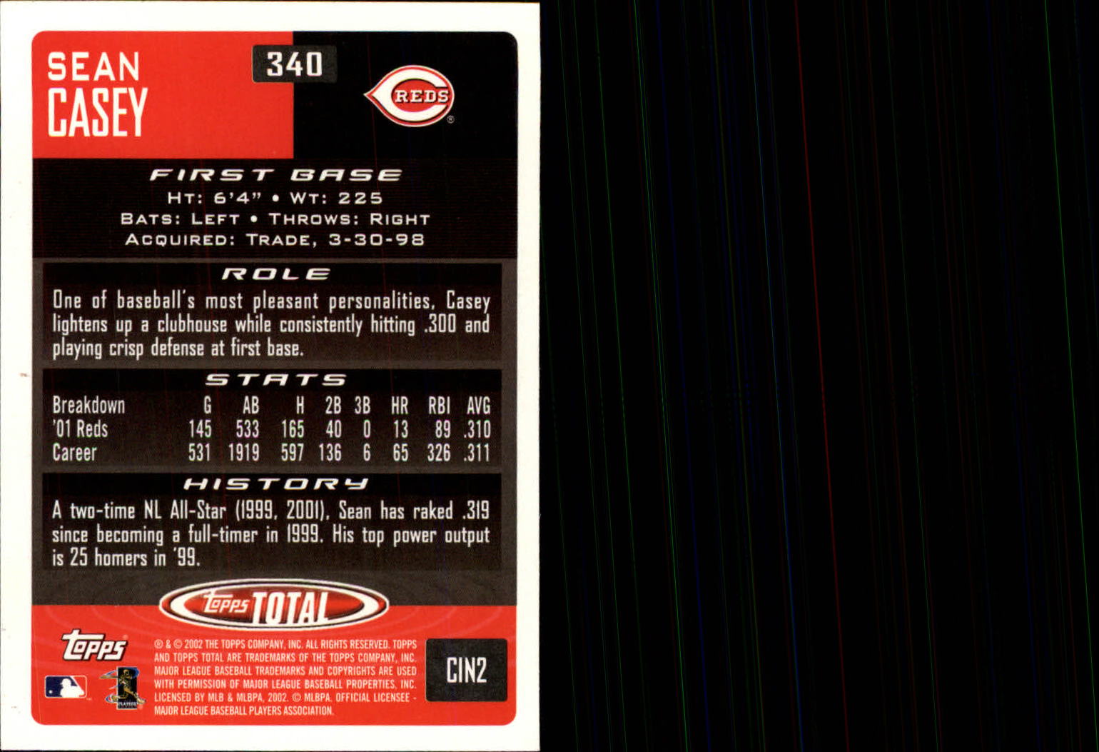 2002 Topps Total #340 Sean Casey back image
