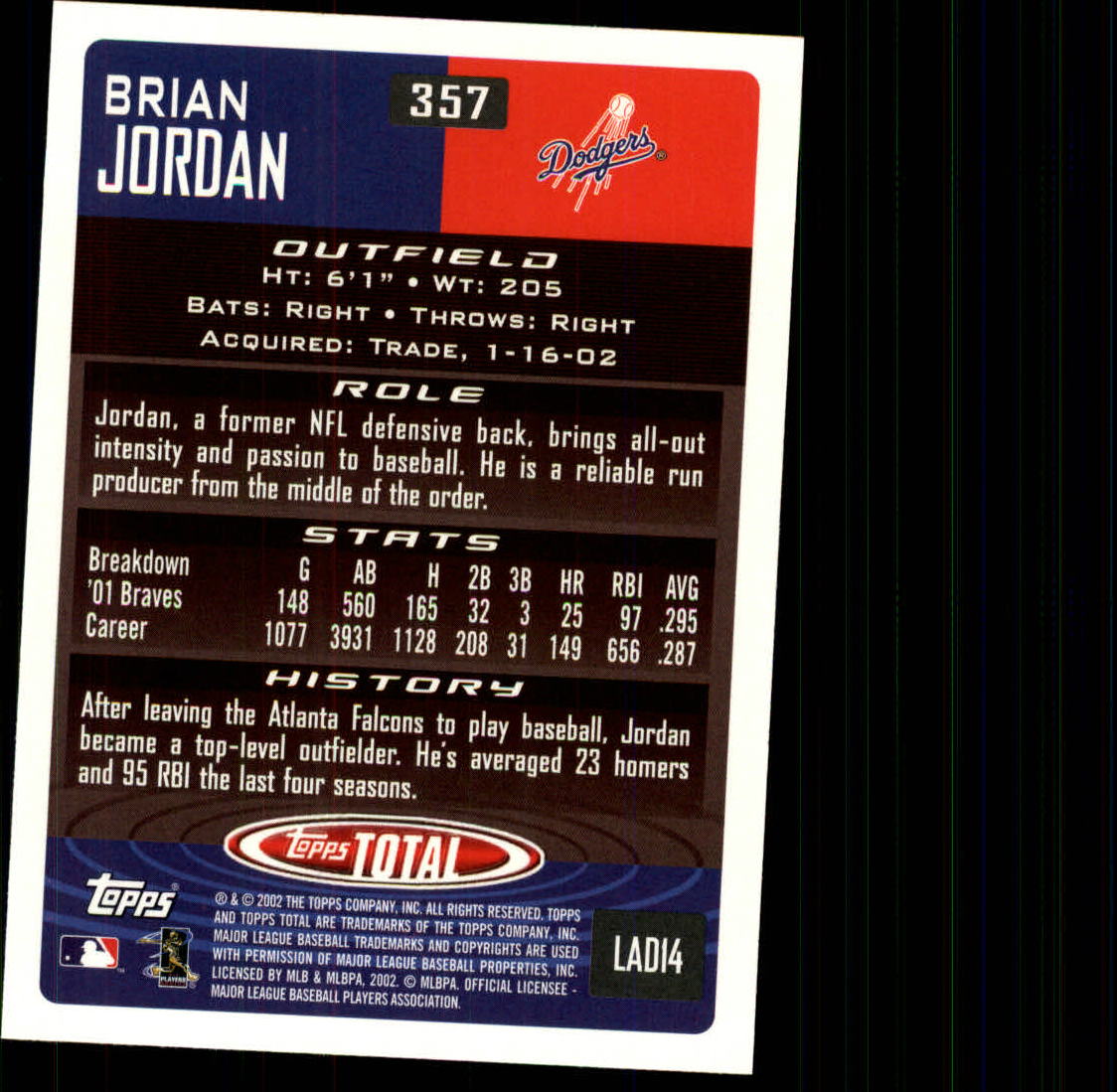 2002 Topps Total #357 Brian Jordan back image