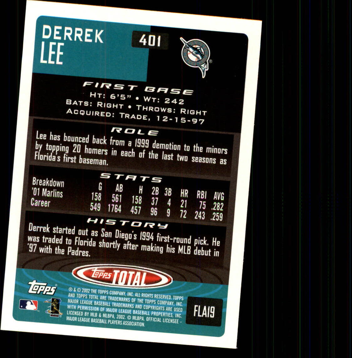 2002 Topps Total #401 Derrek Lee back image