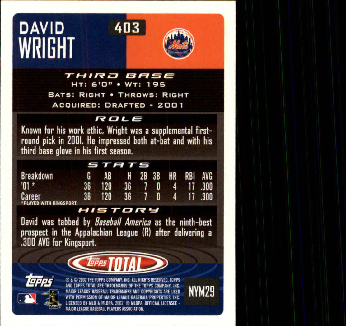2002 Topps Total #403 David Wright RC back image