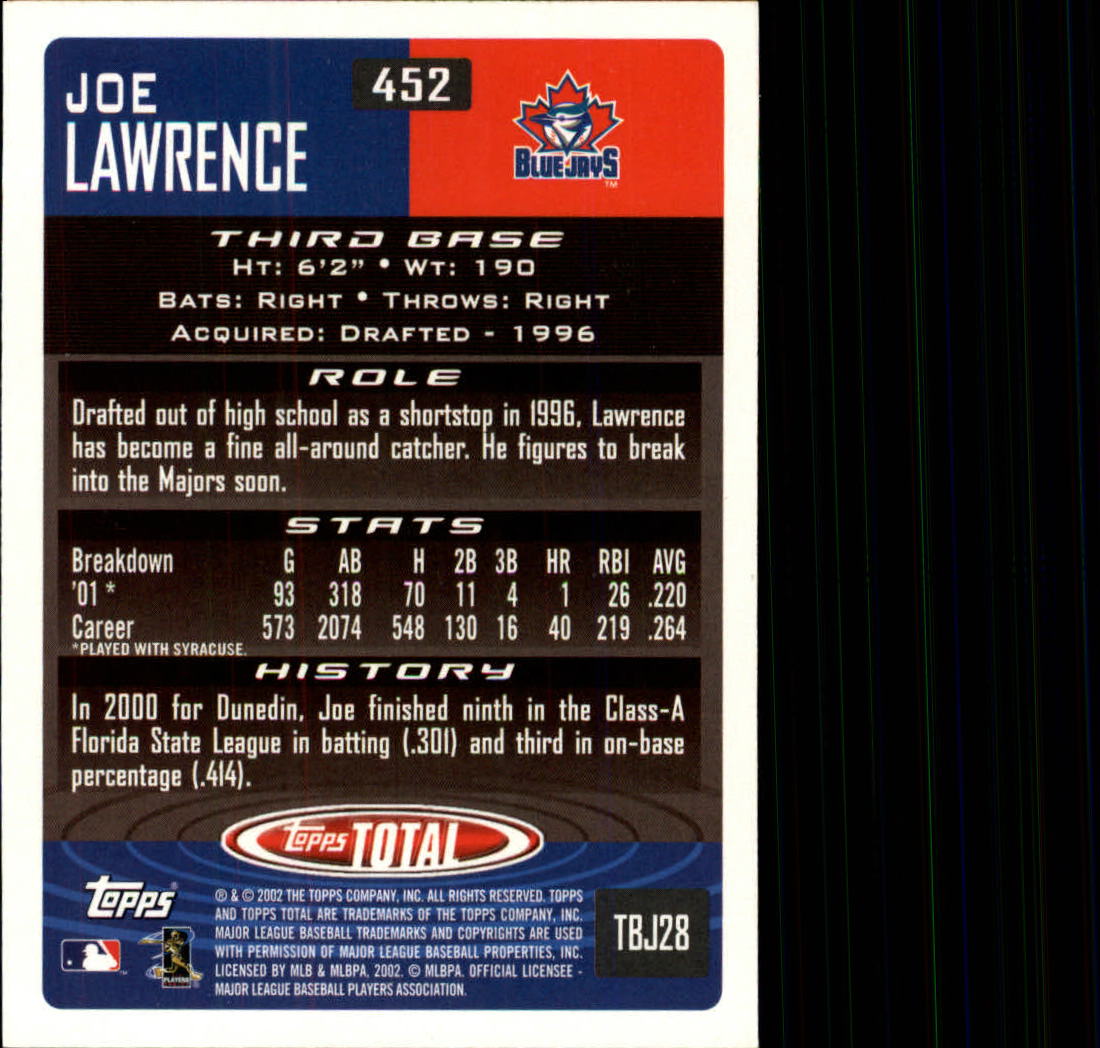 2002 Topps Total #452 Joe Lawrence back image