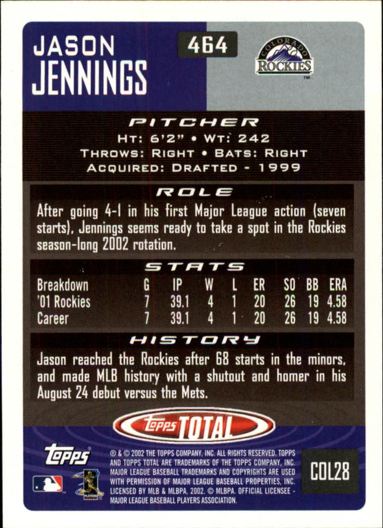 2002 Topps Total #464 Jason Jennings back image