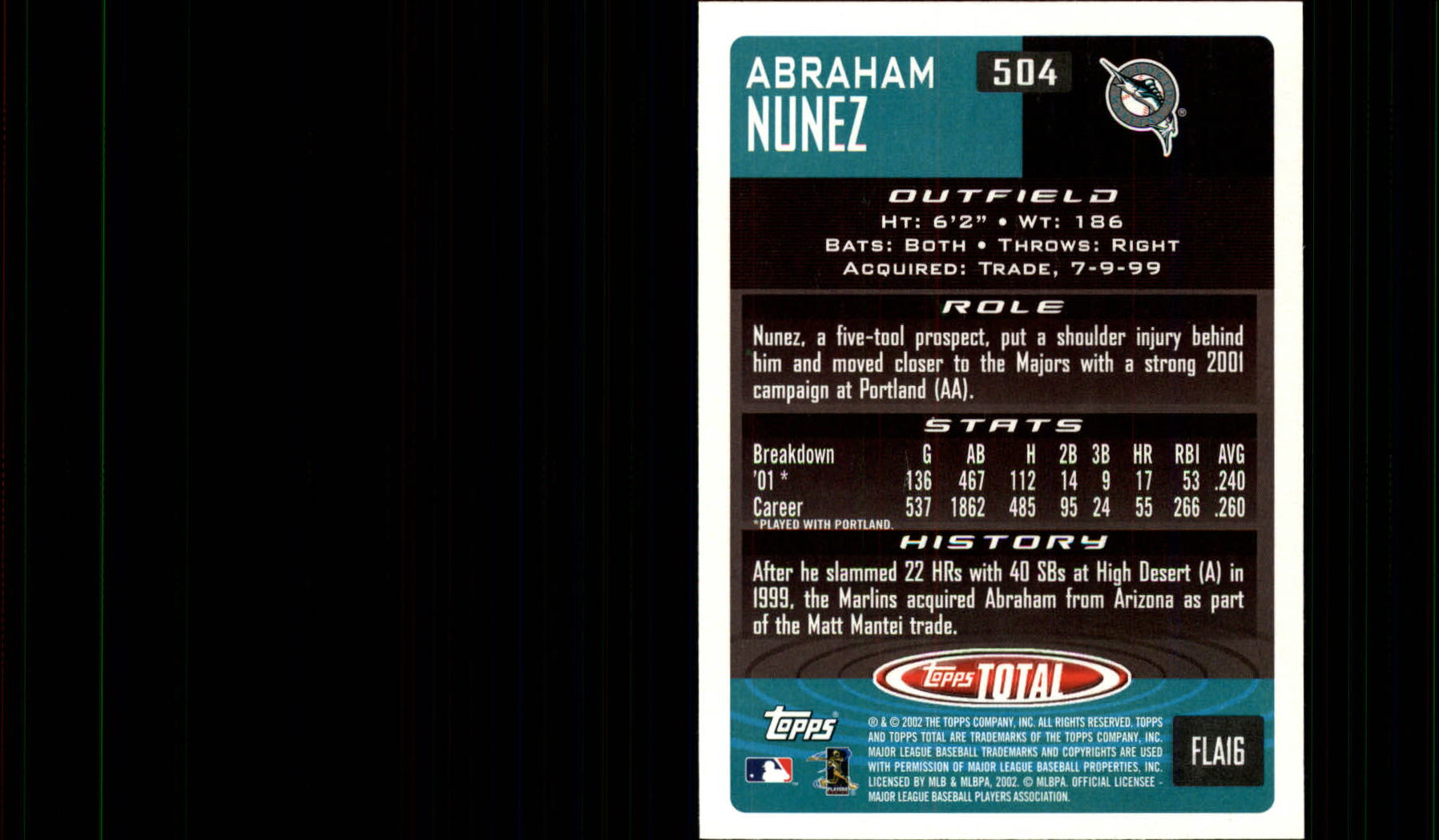 2002 Topps Total #504 Abraham Nunez back image