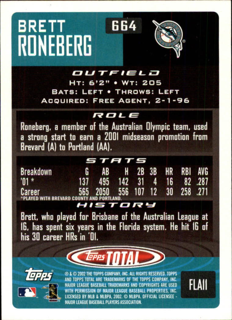 2002 Topps Total #664 Brett Roneberg RC back image