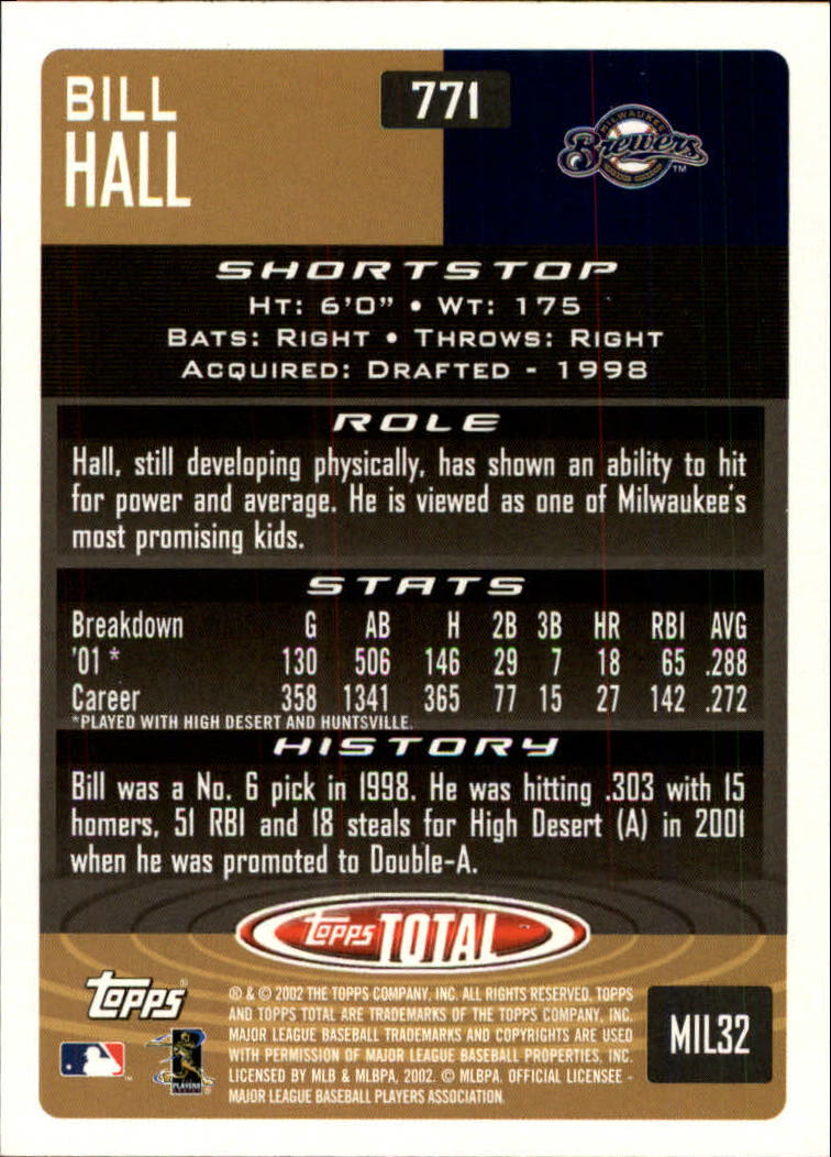 2002 Topps Total #771 Bill Hall back image