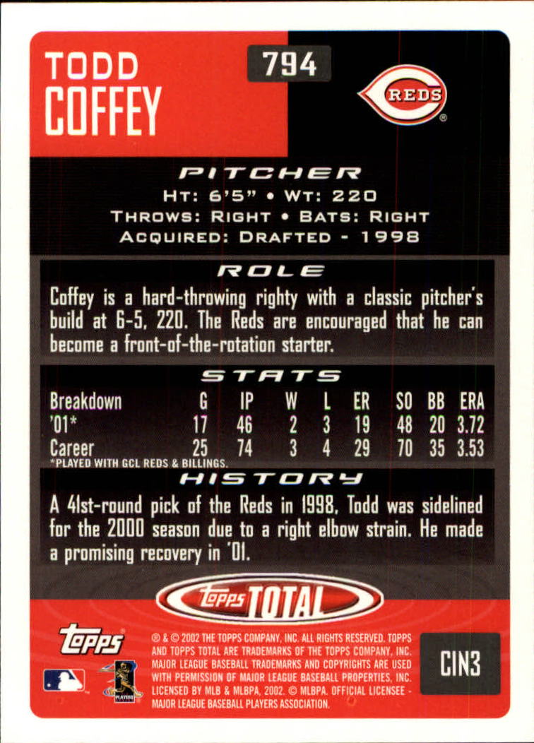2002 Topps Total #794 Todd Coffey RC back image