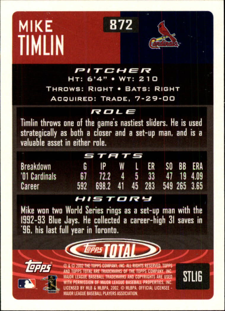 2002 Topps Total #872 Mike Timlin back image