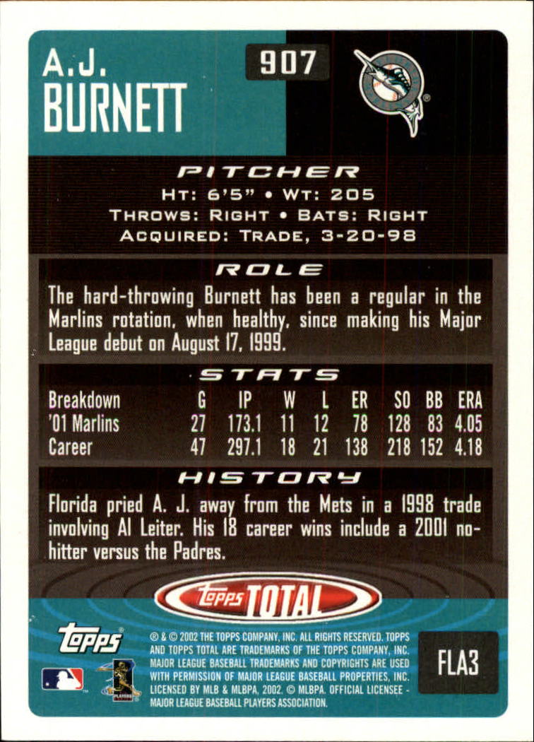 2002 Topps Total #907 A.J. Burnett back image