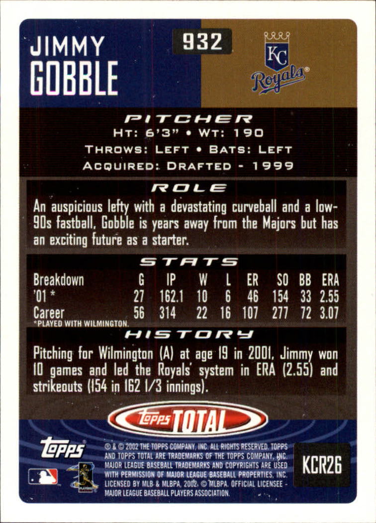 2002 Topps Total #932 Jimmy Gobble RC back image
