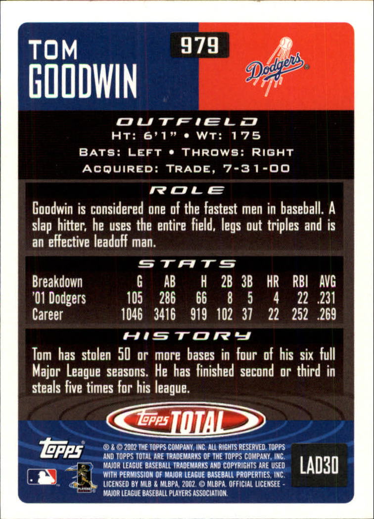 2002 Topps Total #979 Tom Goodwin back image
