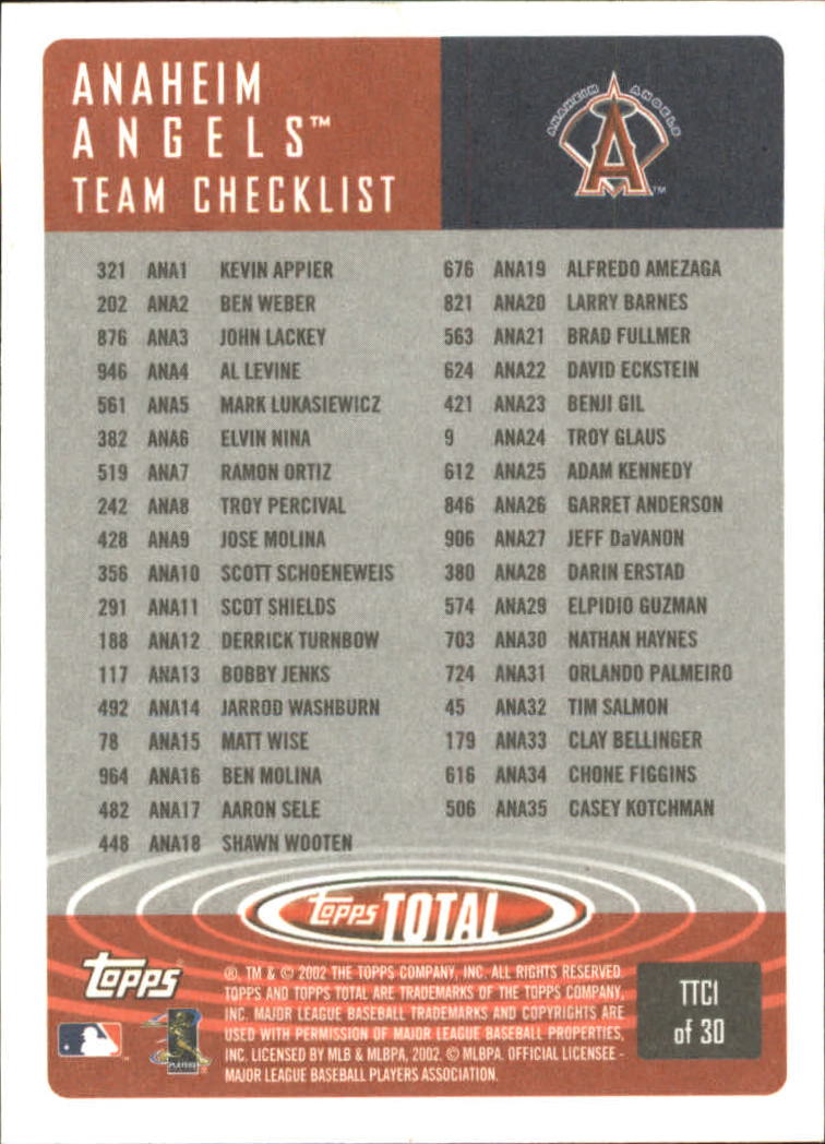 2002 Topps Total Team Checklists #TTC1 Troy Glaus back image