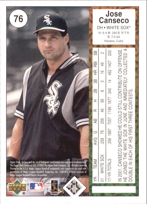 2002 UD Authentics #76 Jose Canseco back image