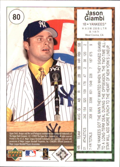 2002 UD Authentics #80 Jason Giambi Yankees back image