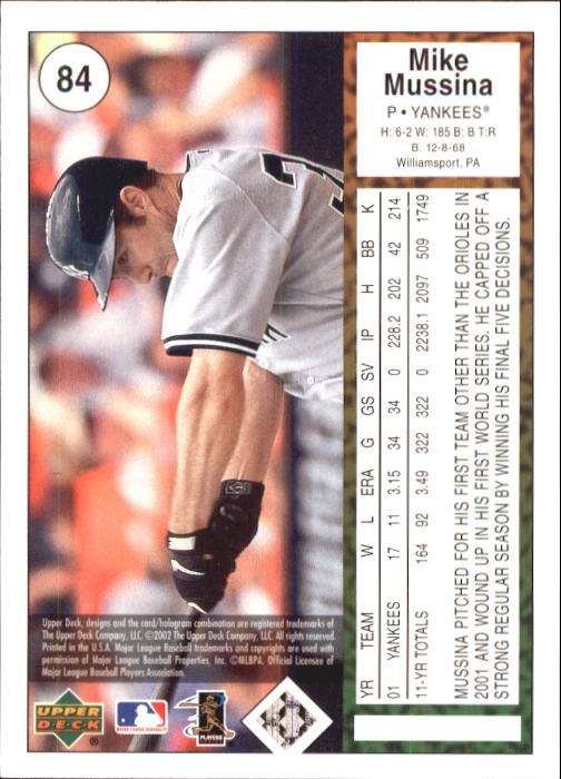 2002 UD Authentics #84 Mike Mussina back image