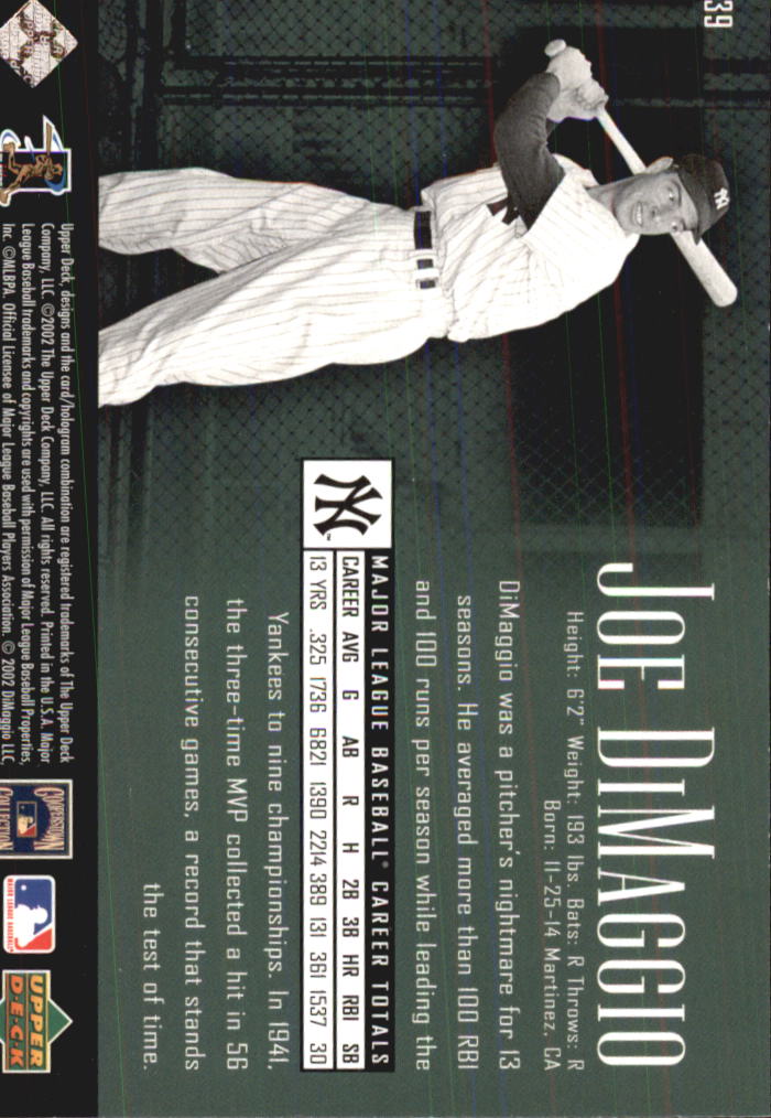2002 UD Piece of History #39 Joe DiMaggio back image