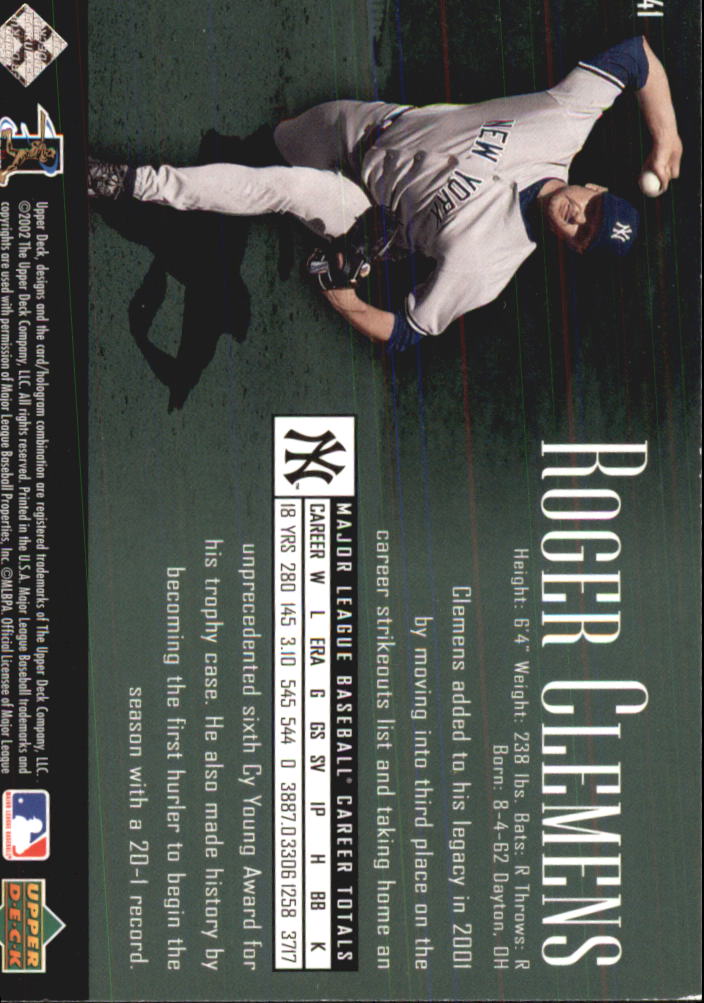 2002 UD Piece of History #41 Roger Clemens back image