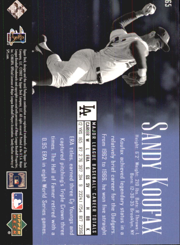 2002 UD Piece of History #65 Sandy Koufax SP back image