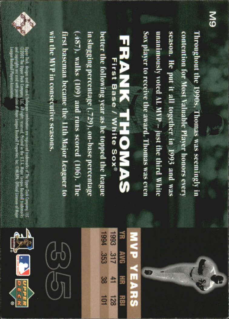 2002 UD Piece of History MVP Club #M9 Frank Thomas back image