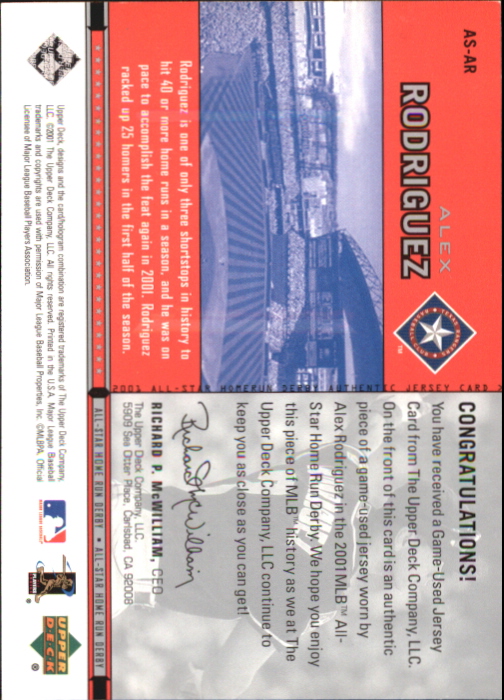 2002 Upper Deck All-Star Home Run Derby Game Jersey #ASAR Alex Rodriguez back image